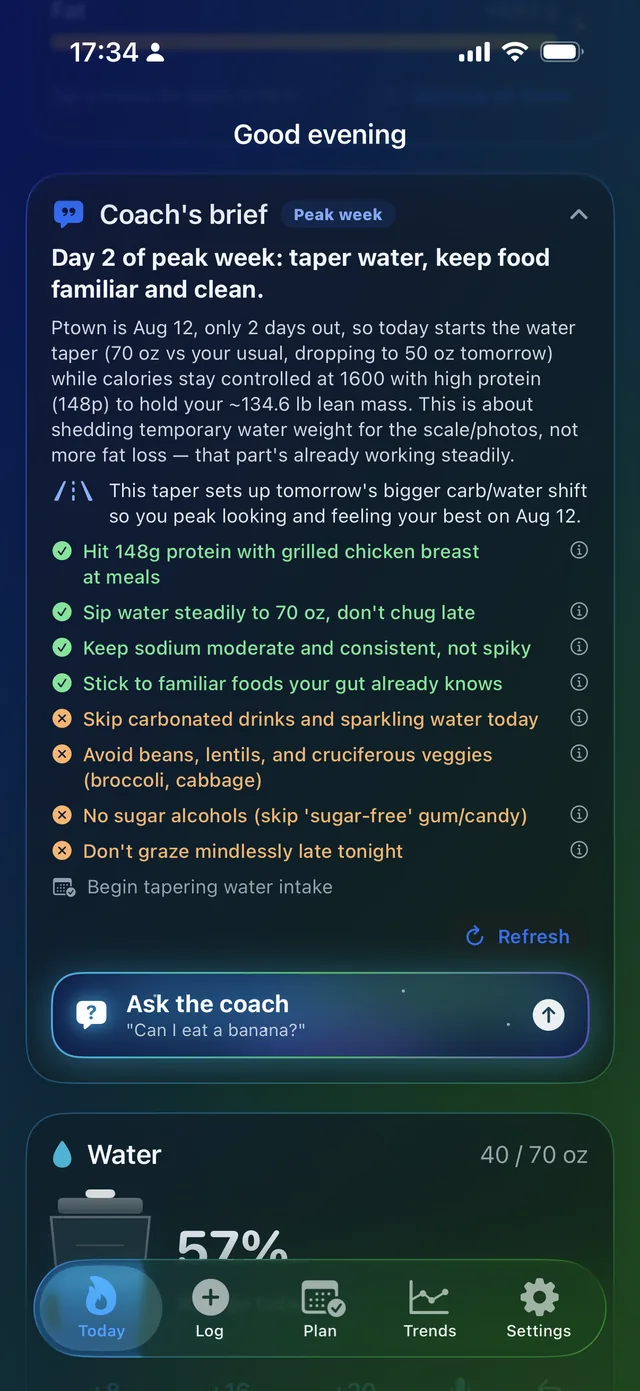 The Coach&rsquo;s brief on a peak-week day: taper water, keep food familiar, with dos and avoids listed.