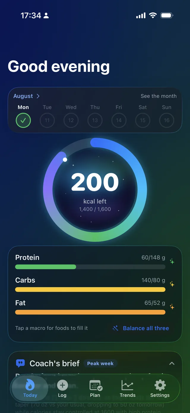 Borea&rsquo;s Today screen: the aurora calorie ring reading 200 kcal left, protein, carbs and fat bars beneath it, and a Coach&rsquo;s brief.