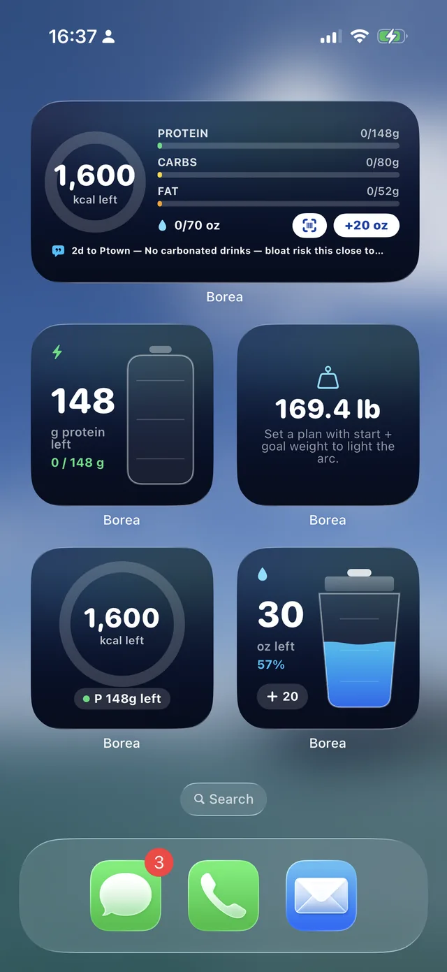 An iPhone Home Screen with Borea&rsquo;s aurora widgets: the calorie ring, a protein battery, and a water bottle filling.